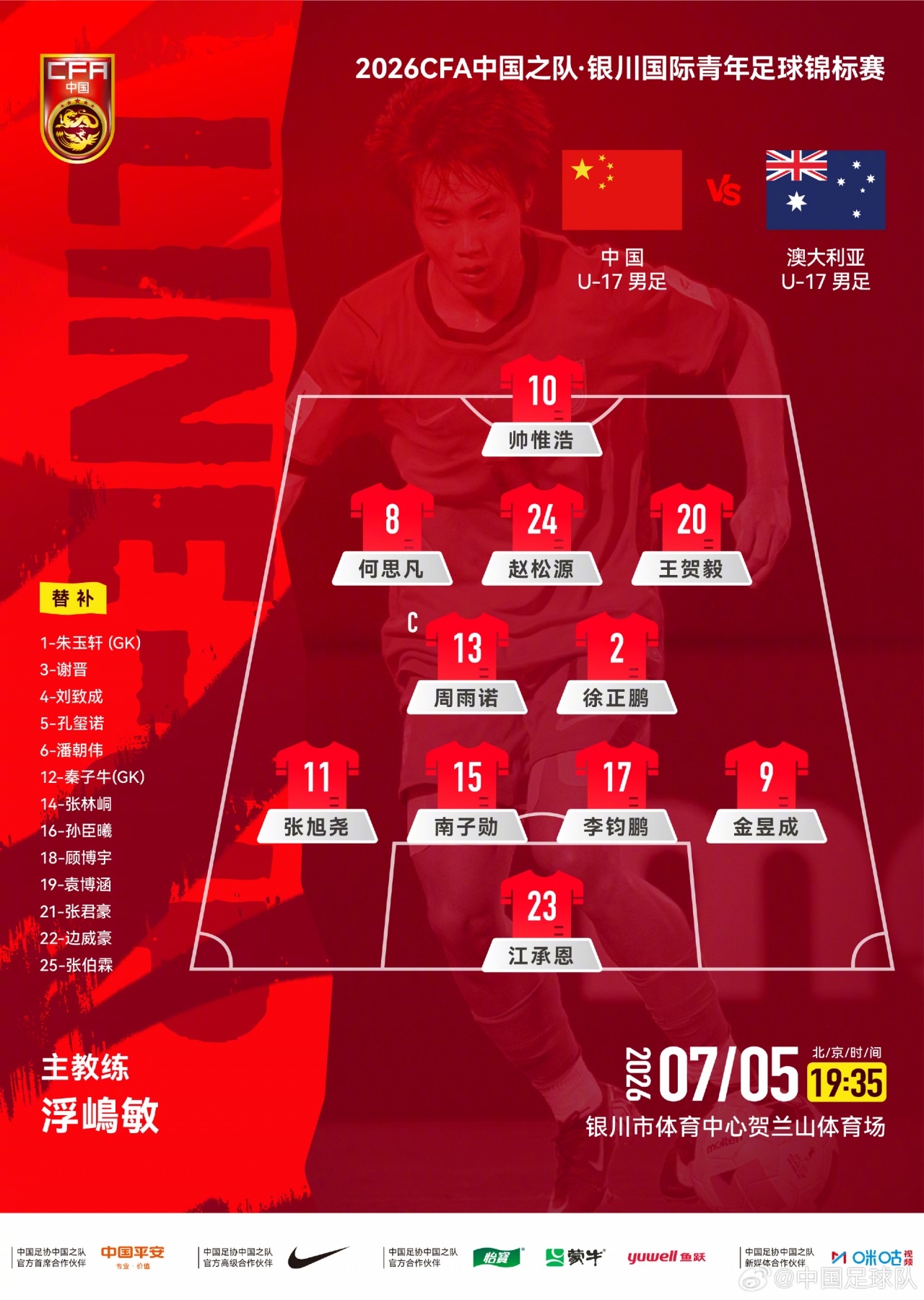U17国足首发:4231阵型,双后腰锁定周雨诺徐正鹏,帅惟浩突前