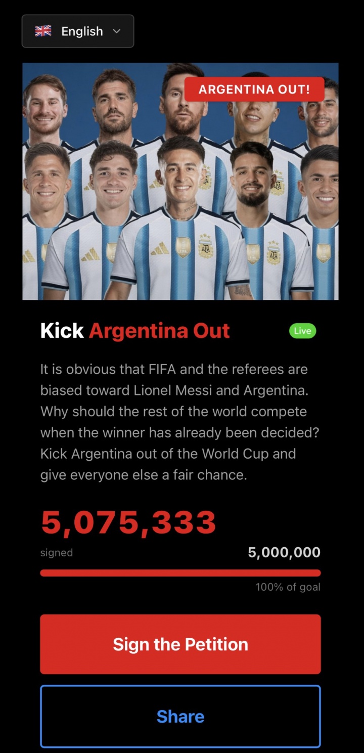超500万请愿要求阿根廷被踢出世界杯,刷票疑云再起 超500万请愿要求阿根廷被踢出世界杯,刷票疑云再起